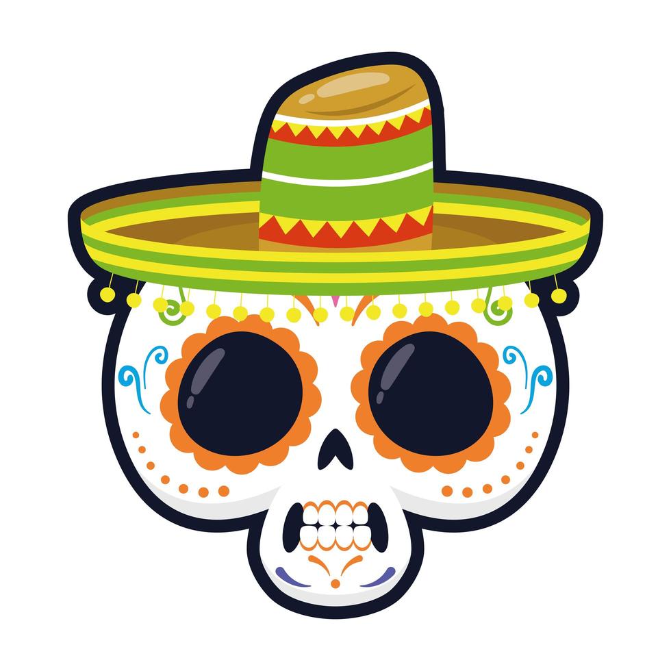 traditionele Mexicaanse schedel met hoed hoofd plat stijl pictogram vector illustratie ontwerp