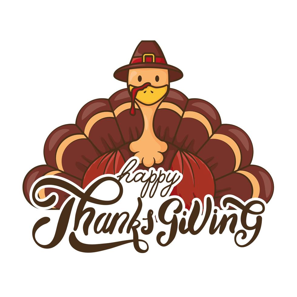 happy thanksgiving day viering belettering met kalkoen met pelgrim hoed vector