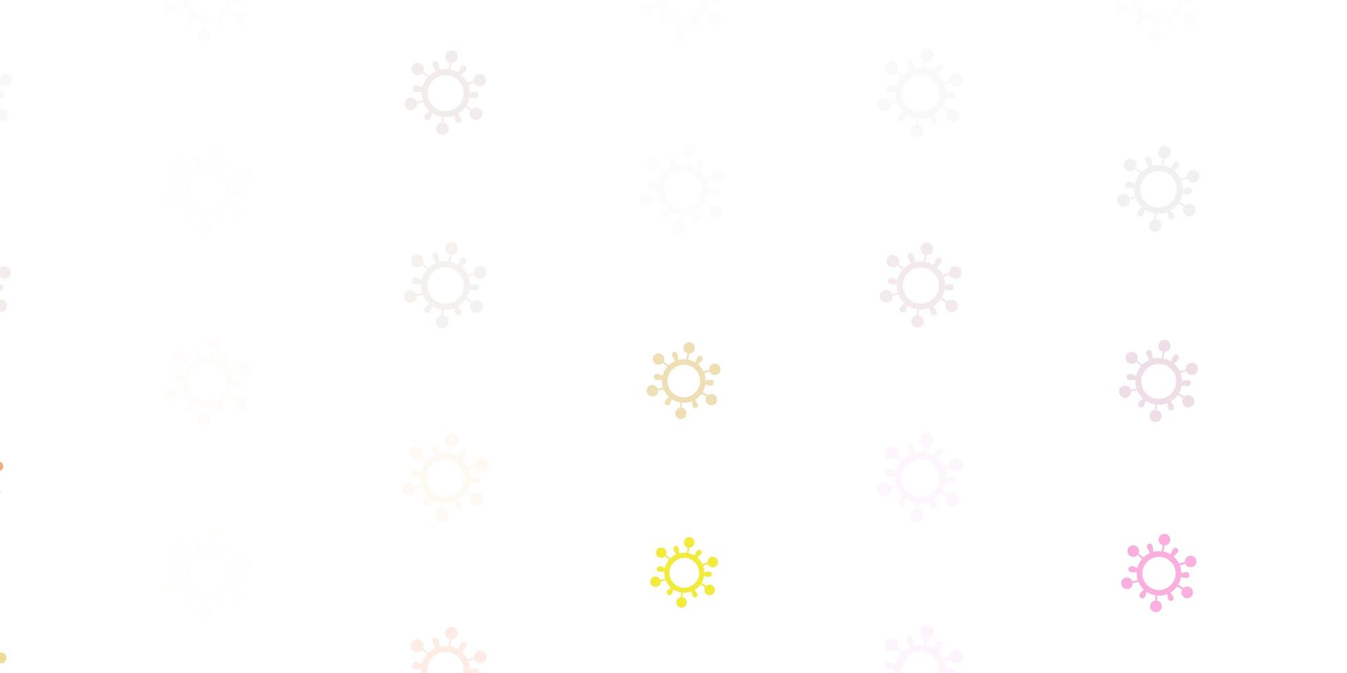 lichtroze, gele vectorachtergrond met covid-19 symbolen. vector