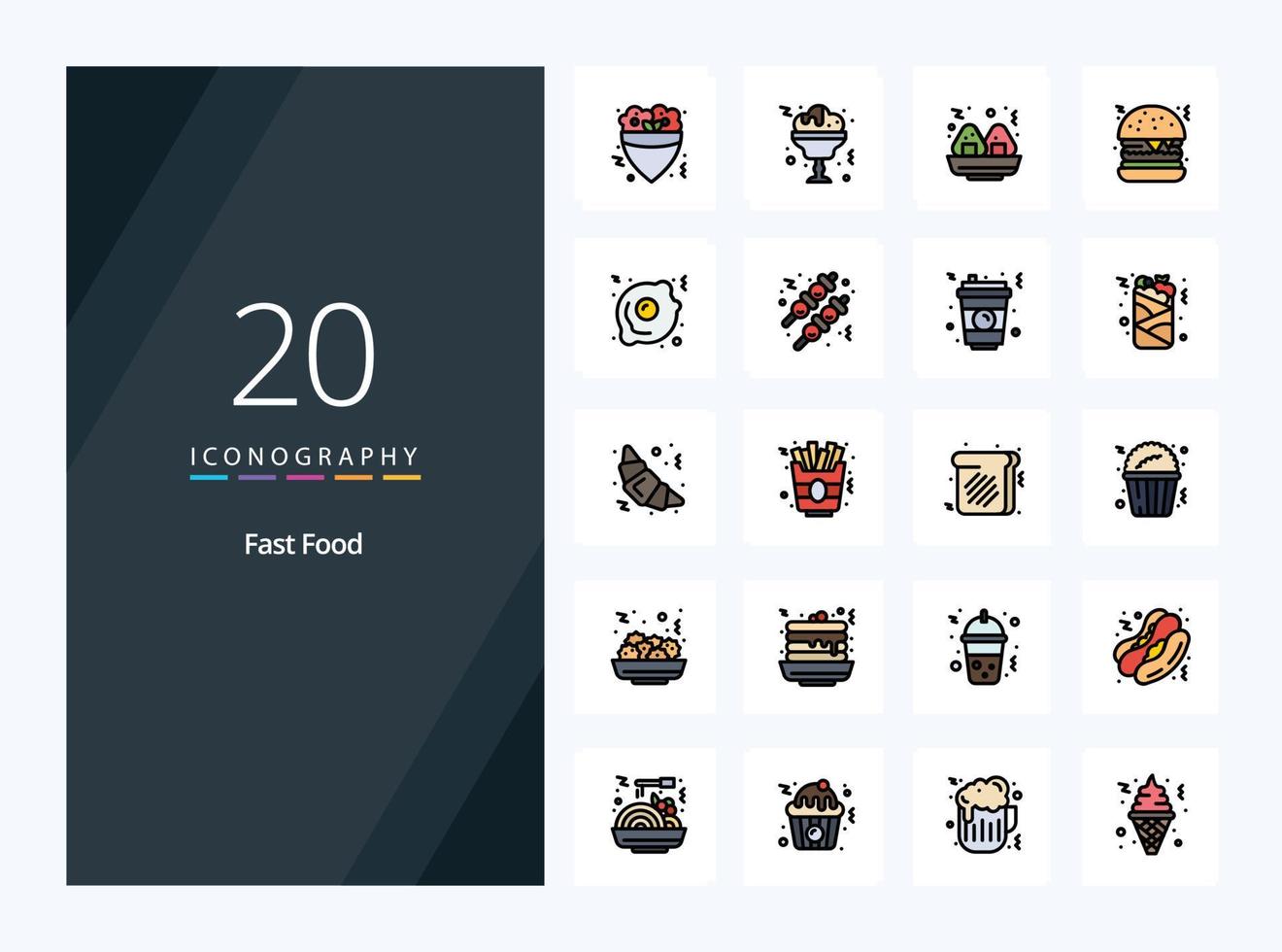 20 snel voedsel lijn gevulde icoon voor presentatie vector