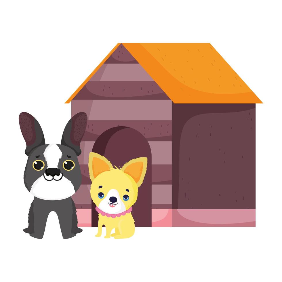 honden zitten voor houten huis canine cartoon huisdieren vector