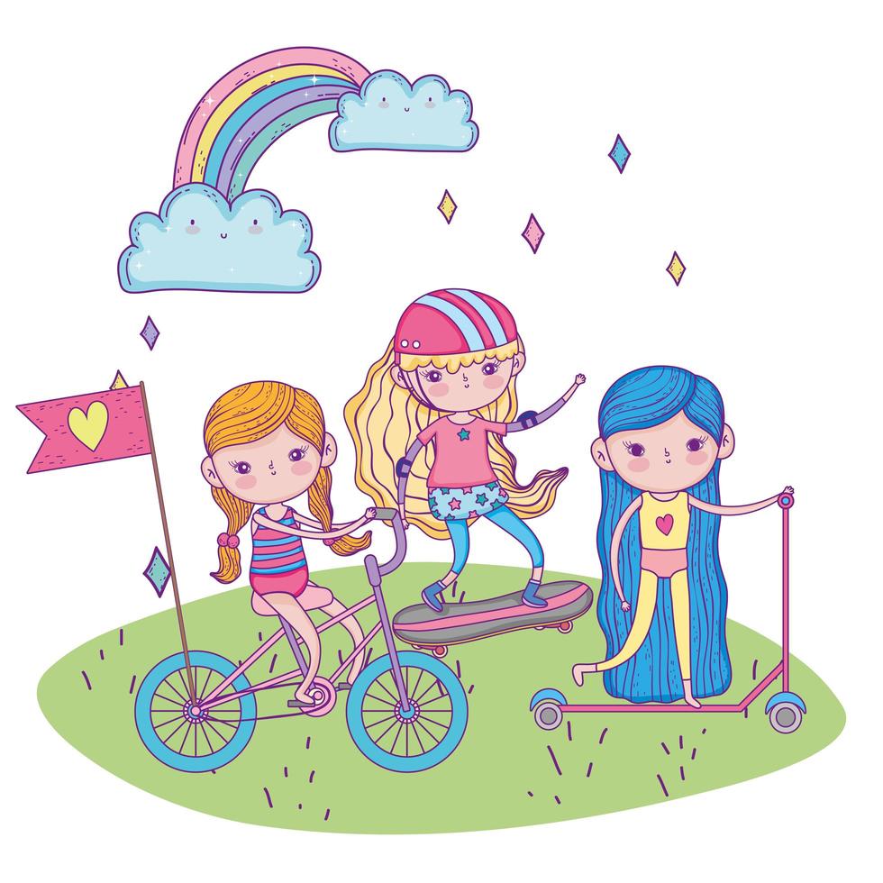 gelukkige kinderdag, kleine meisjes met scooterfiets en skateboard in het park vector