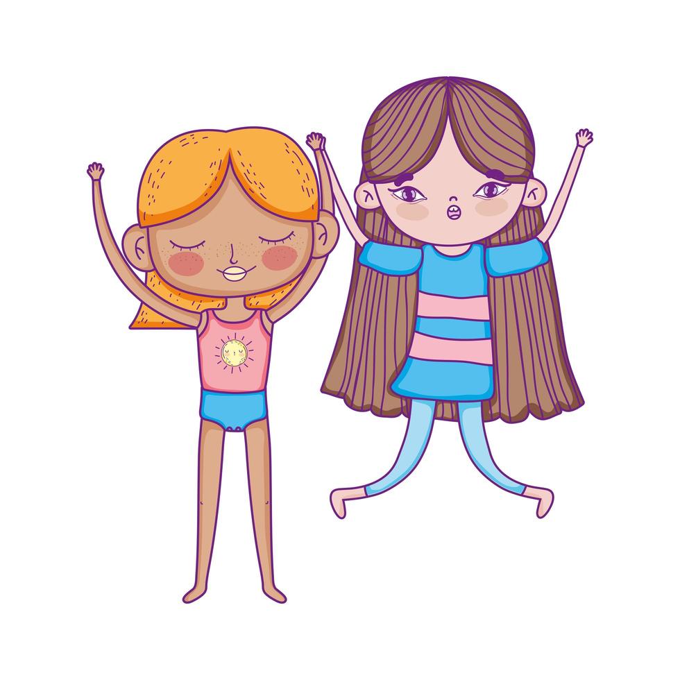 gelukkige kinderdag, twee kleine meisjes samen stripfiguren vector