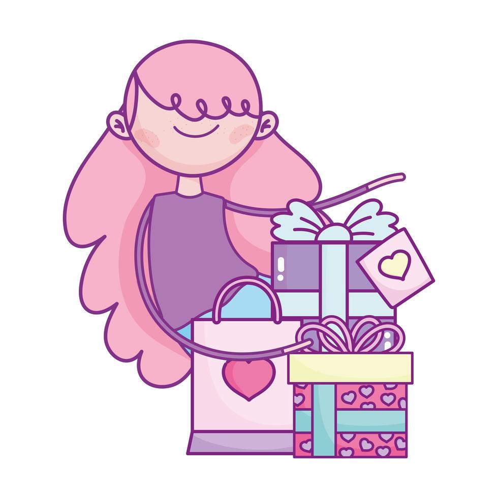 gelukkige Valentijnsdag, meisje met geschenken en boodschappentasviering vector