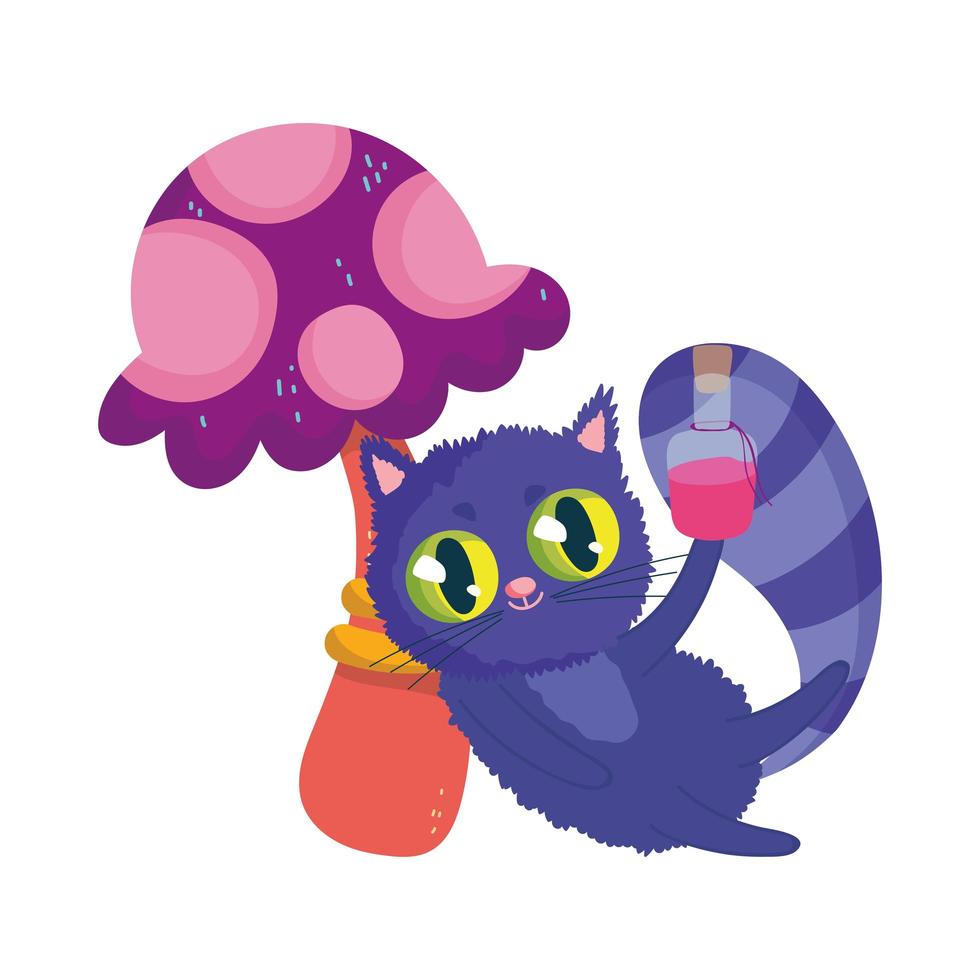 wonderland, kat met elixerfles paddestoel gebladerte cartoon vector