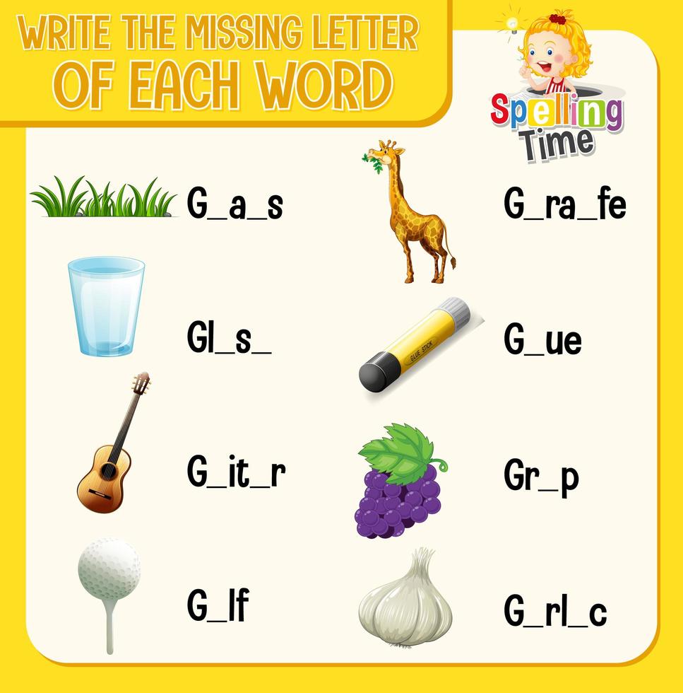 schrijf de ontbrekende letter van elk woord-werkblad voor kinderen vector