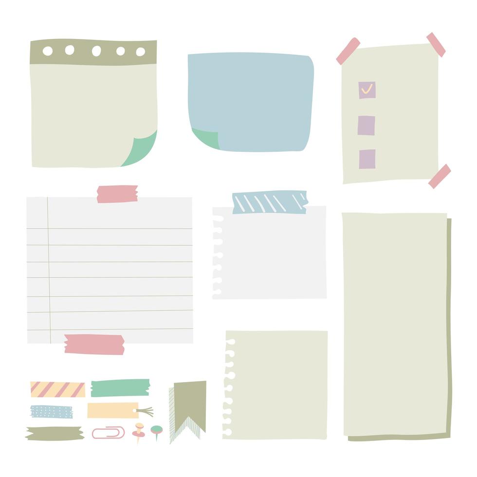 stukjes van verschillende grootte kleurrijke notitie, notebook, voorbeeldenboek vellen papier geplakt met plakband op een grijze achtergrond vector