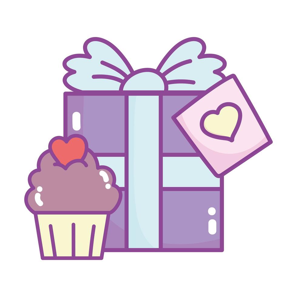 gelukkige Valentijnsdag, geschenkdoos en zoete cupcake hart liefde viering vector