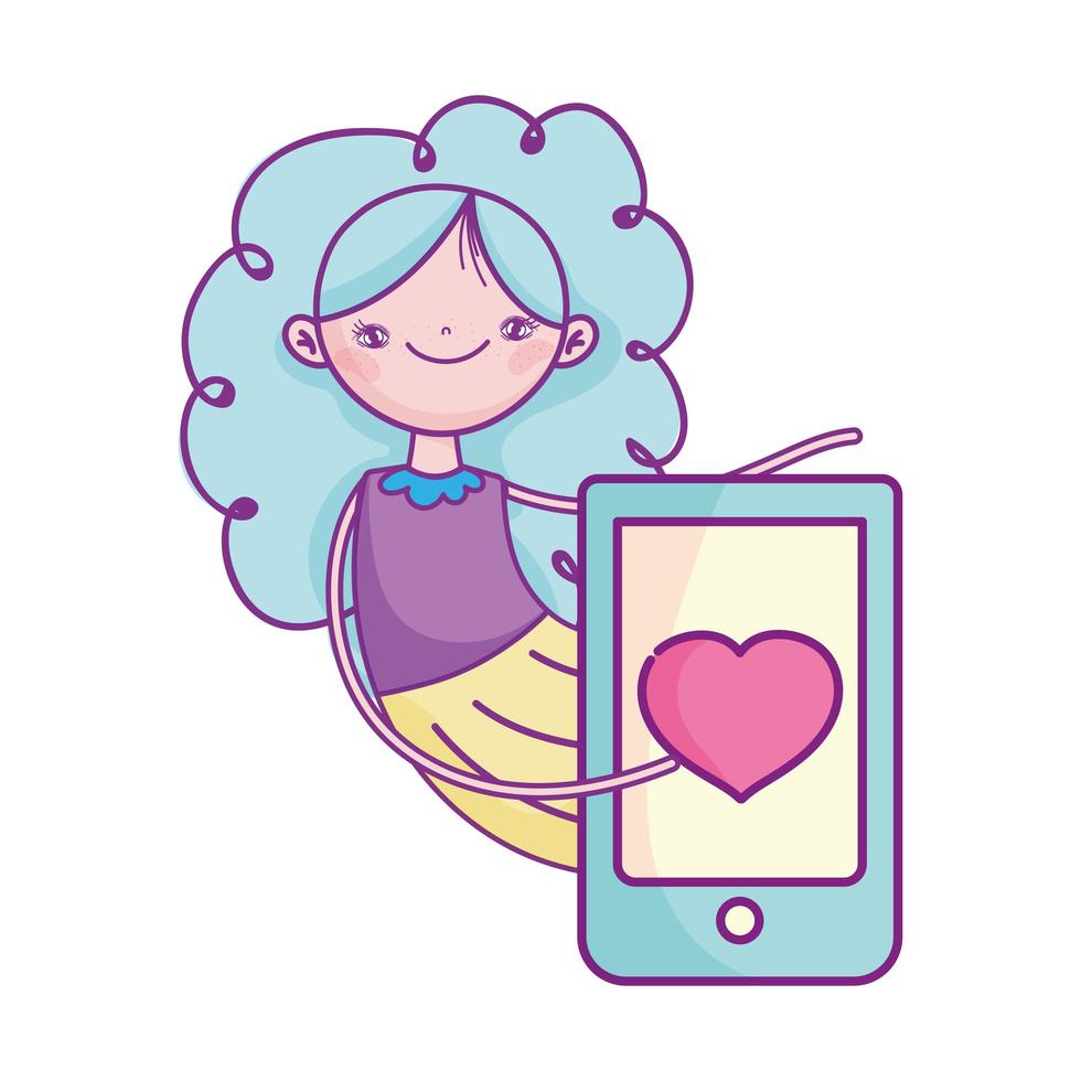 gelukkige Valentijnsdag, schattig meisje met smartphone liefde romantisch vector