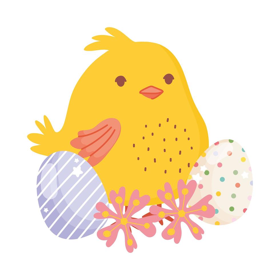 gelukkige Pasen schattige kip decoratieve eieren bloemen natuur vector