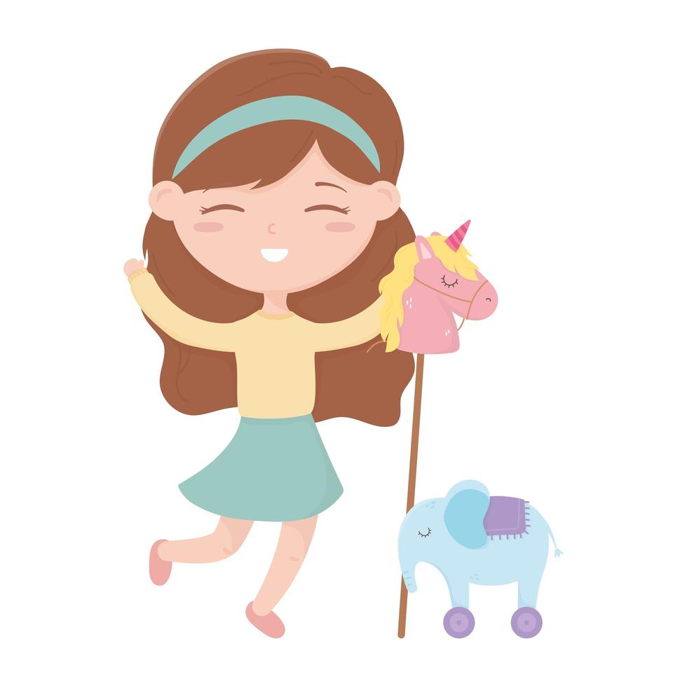 kinderzone, schattig klein meisje met speelgoed van paard en olifant vector