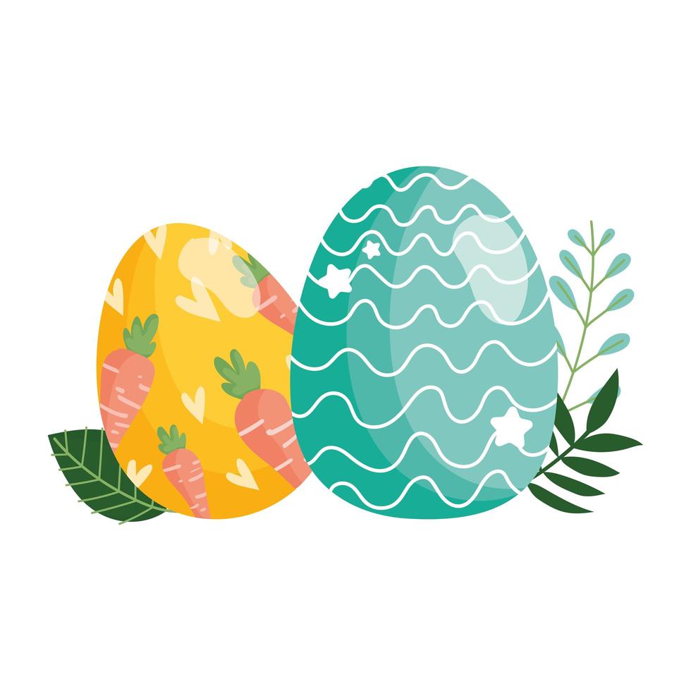 gelukkige Pasen decoratieve eieren met wortelen en lijnengebladerte vector