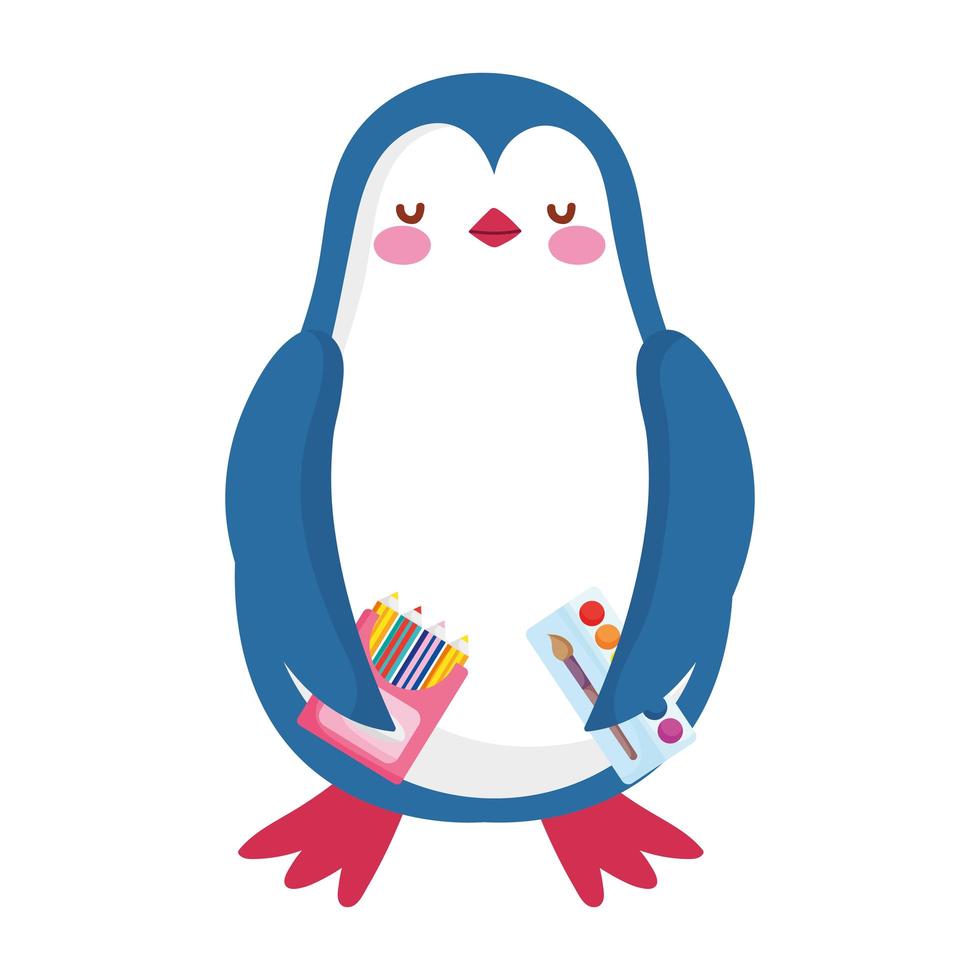 terug naar school, pinguïn potloden kleuren aquarel palet cartoon vector