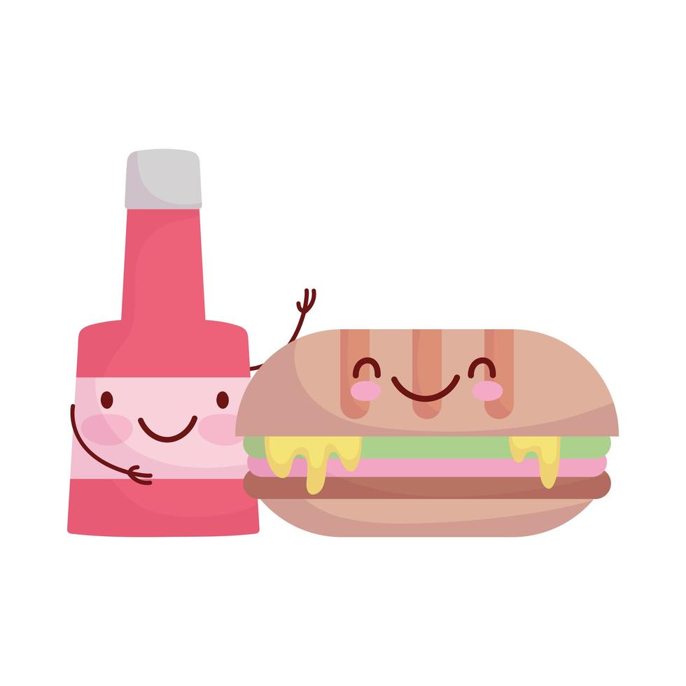 sandwich en saus fles karakter cartoon voedsel vector