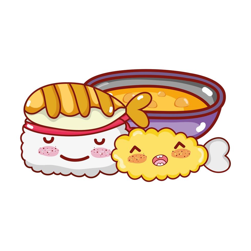 kawaii sushi tempura vis en soep eten japanse cartoon, sushi en broodjes vector