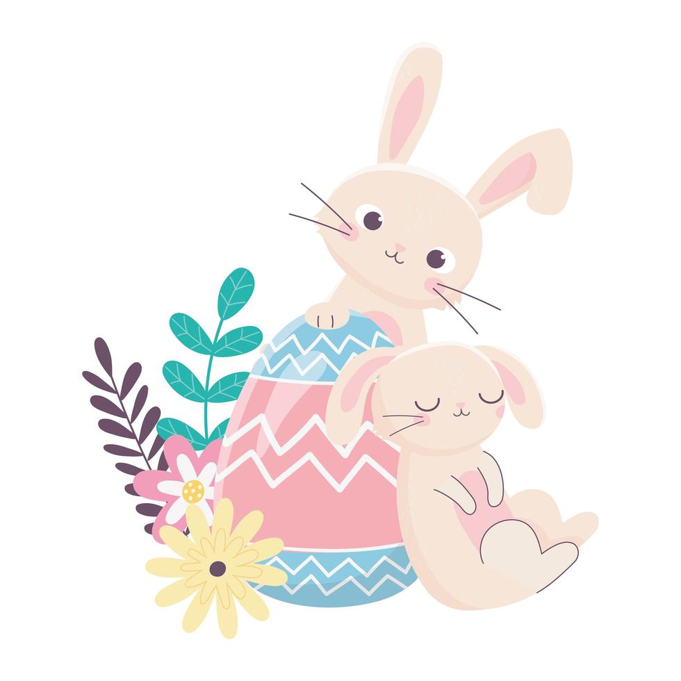 gelukkige paasdag, slaapkonijn en konijntje met de decoratie van eibloemen vector