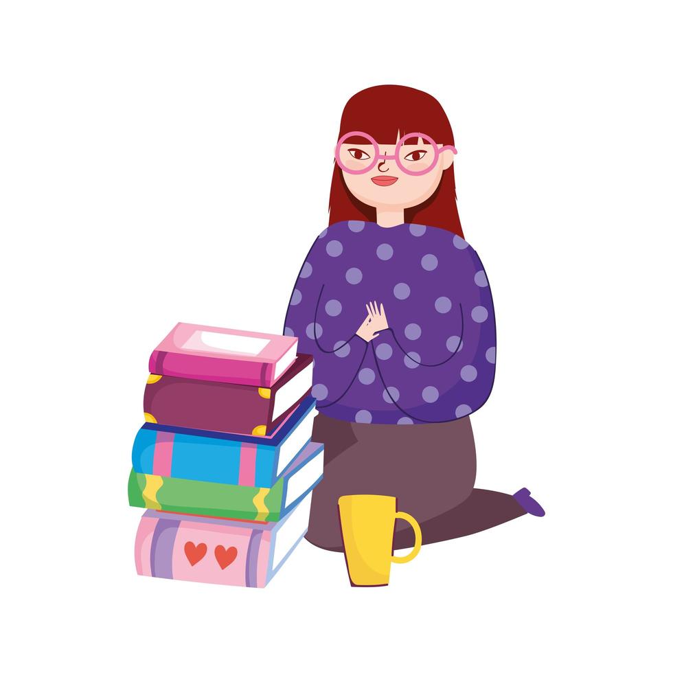 jonge vrouw op de knieën met boeken en koffiekopje, boekdag vector
