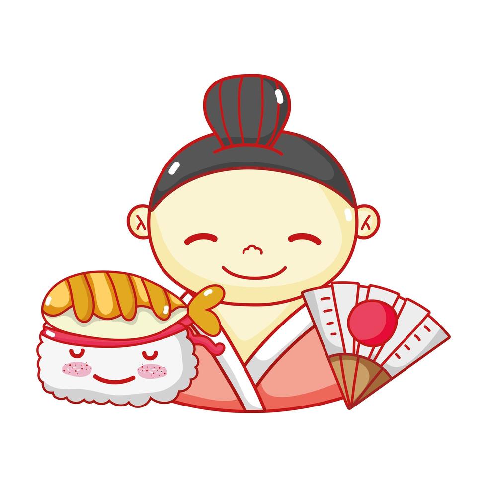 geisha suhsi kawaii eten japanse fan cartoon, sushi en broodjes vector