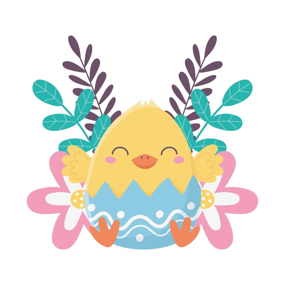 gelukkige paasdag, kip in de decoratie van eierschaalbloemen vector