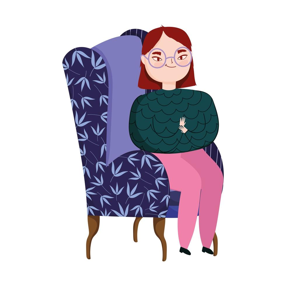 jonge vrouw in groene sofa meubels geïsoleerde pictogram vector