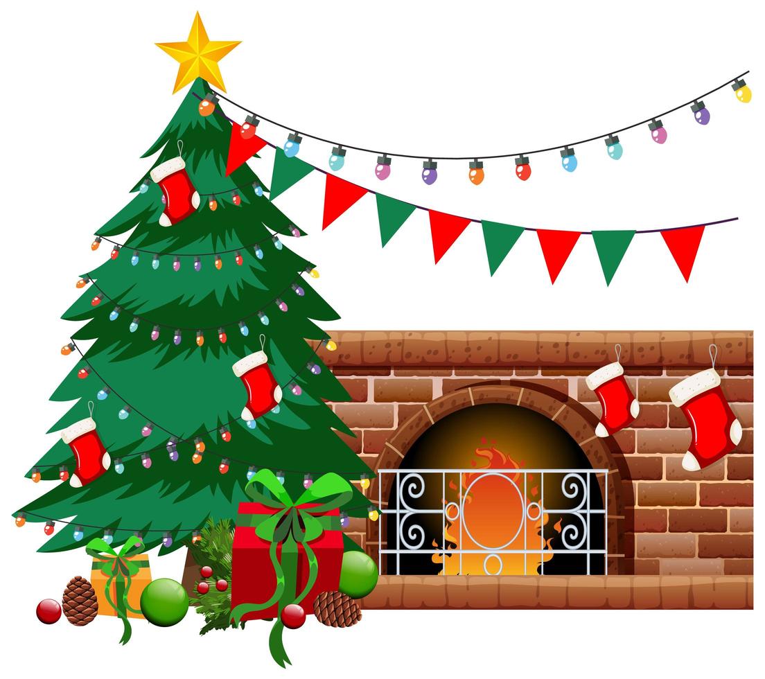 open haard met kerstboom en objecten op witte achtergrond vector