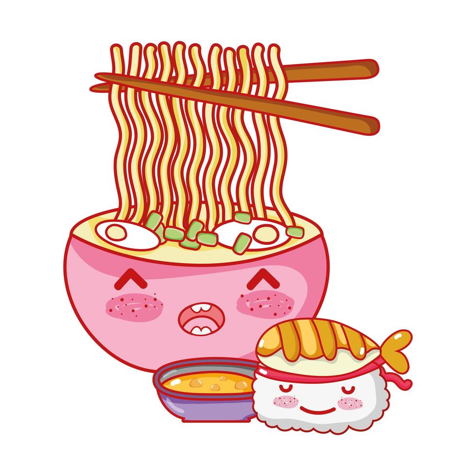 kawaii sushi ramen soep en eten japanse cartoon, sushi en broodjes vector