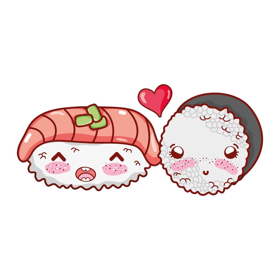 kawaii sushi vis en roll rijst hou van eten japanse cartoon, sushi en broodjes vector