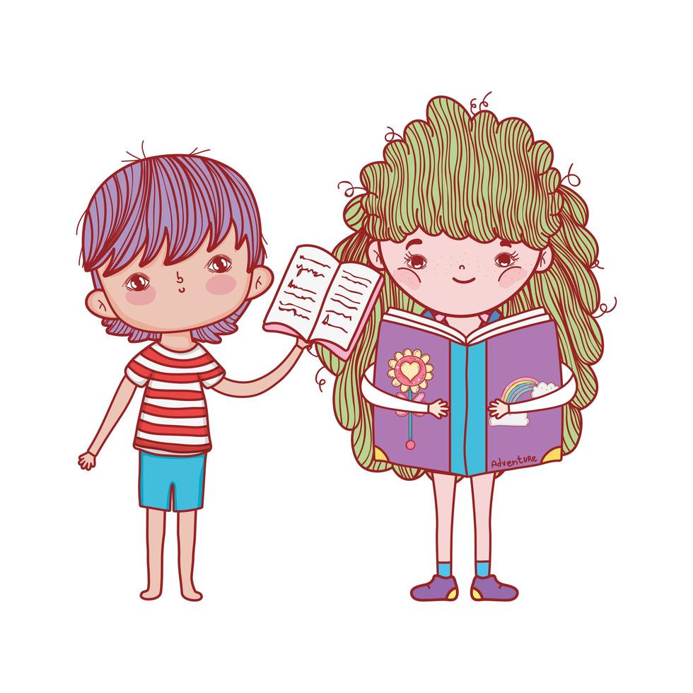 jongen met open boek en meisje lezen fantasie boek geïsoleerd ontwerp vector