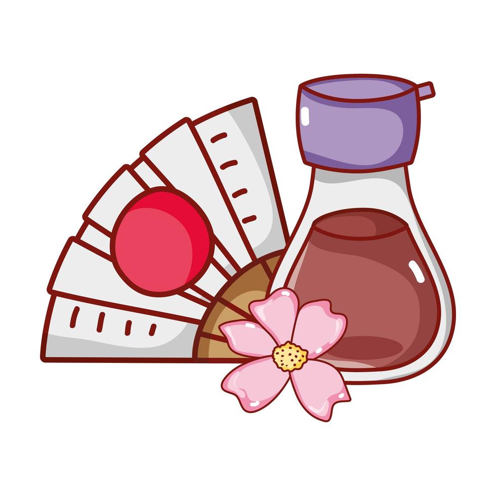 kawaii sake-fan en sakura-bloemenvoedsel Japanse cartoon, sushi en broodjes vector