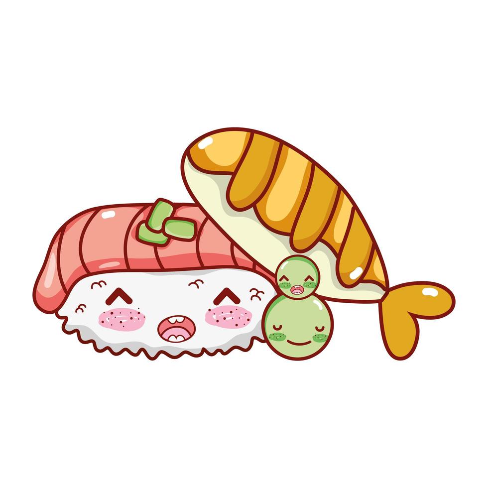 kawaii nigiri sushi vis en erwten eten japanse cartoon, sushi en broodjes vector