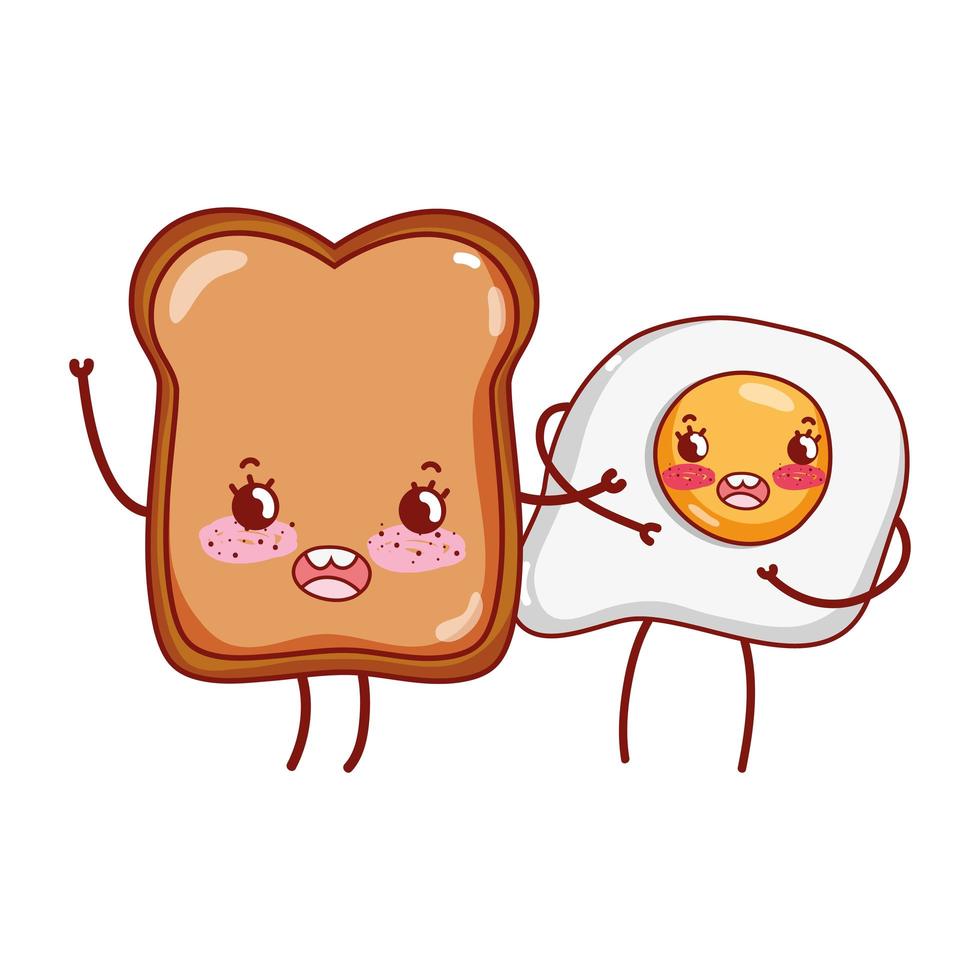 ontbijt schattig gebakken ei en brood kawaii cartoon vector