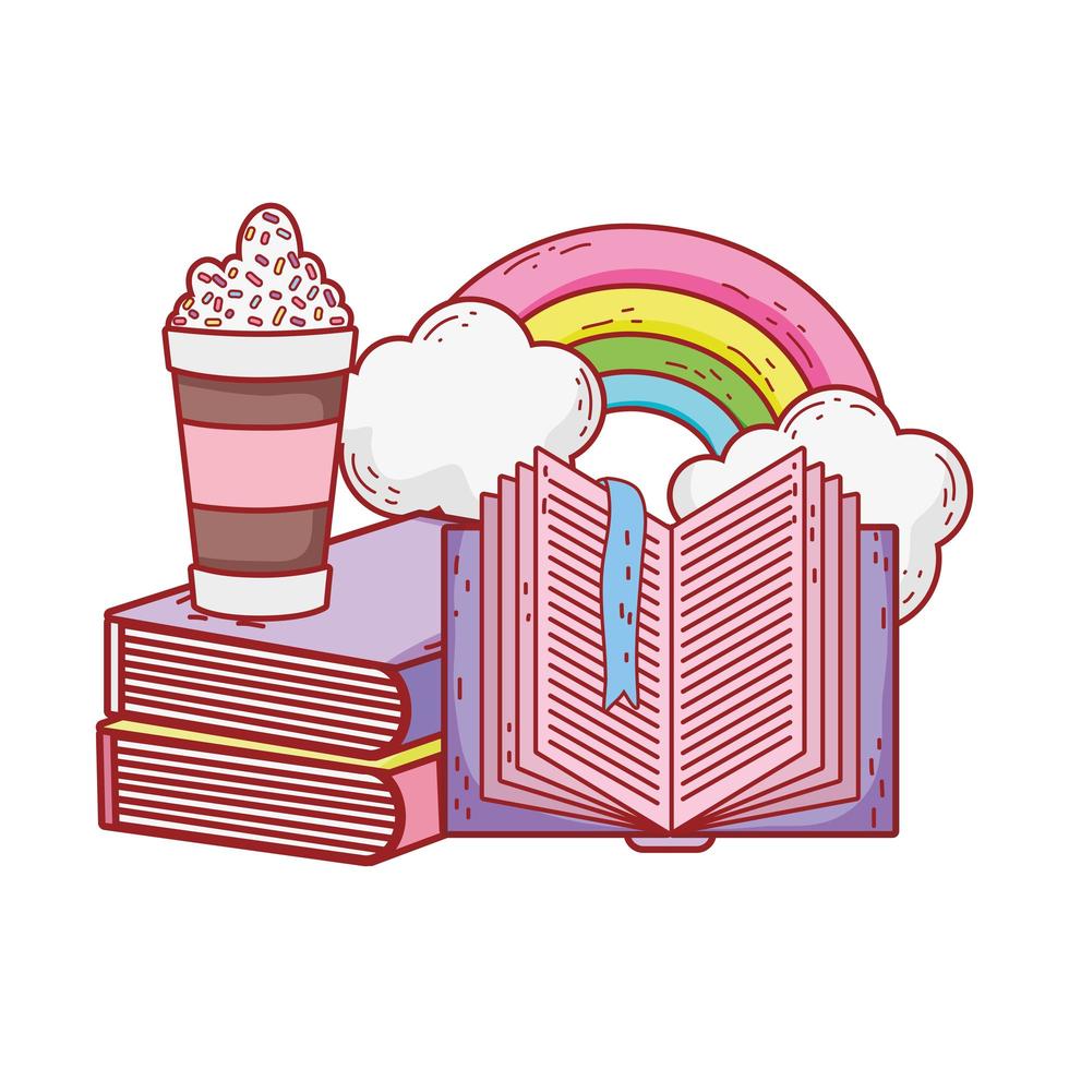frappe open boek gestapelde boeken regenboog wolken cartoon vector