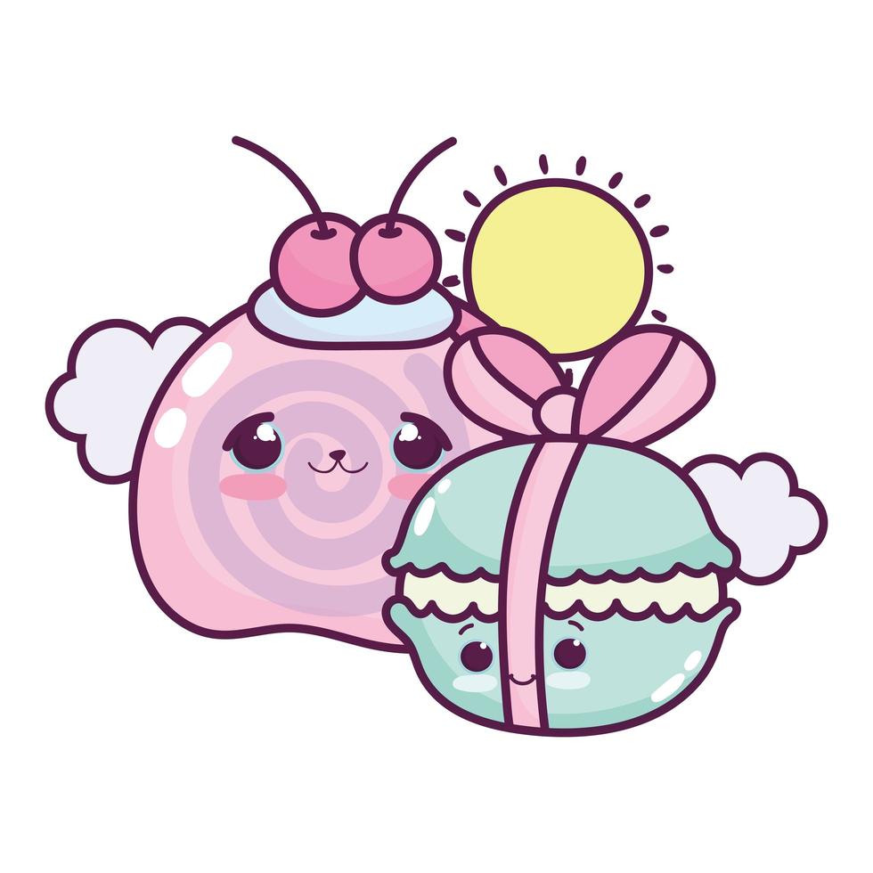 schattig voedsel makaron met lint en fruit zoet dessert gebak cartoon geïsoleerd ontwerp vector