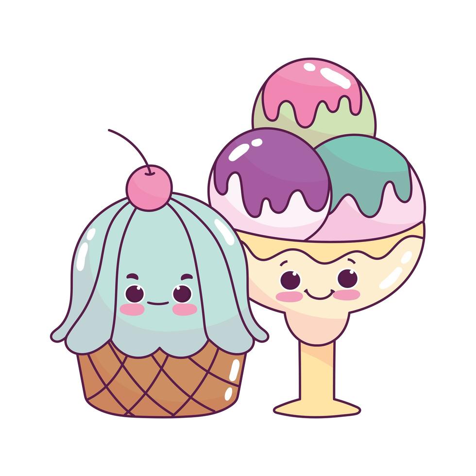 schattig eten-ijslepels en cupcake zoet dessert gebak cartoon geïsoleerd ontwerp vector