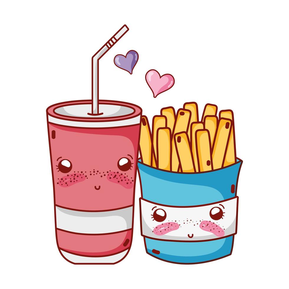 fastfood schattige frietjes en plastic beker frisdrankstro liefde cartoon vector