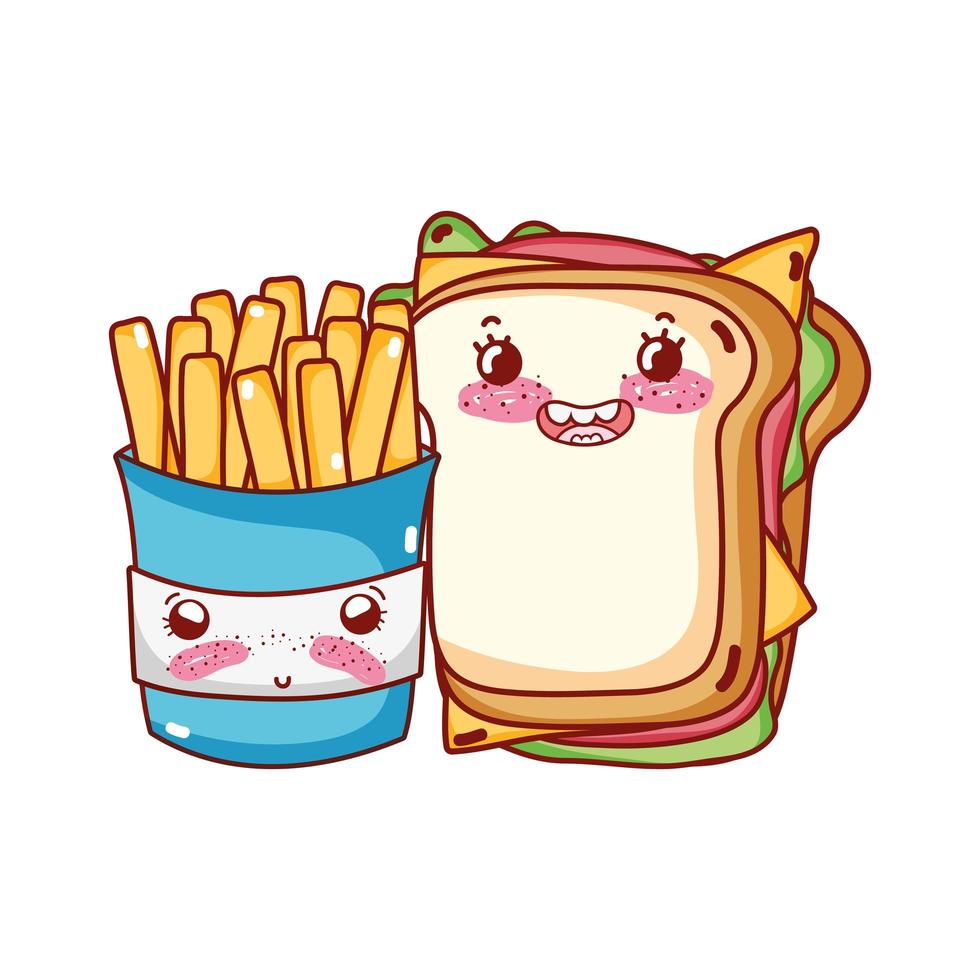 fastfood schattige sandwich en frietjes cartoon vector