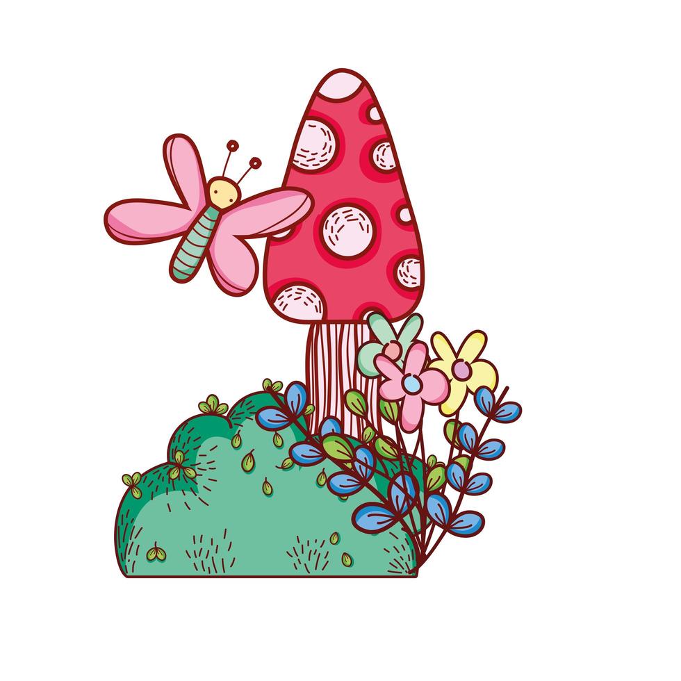 schattige paddestoelen bloemen vlinder tak bladeren cartoon vector