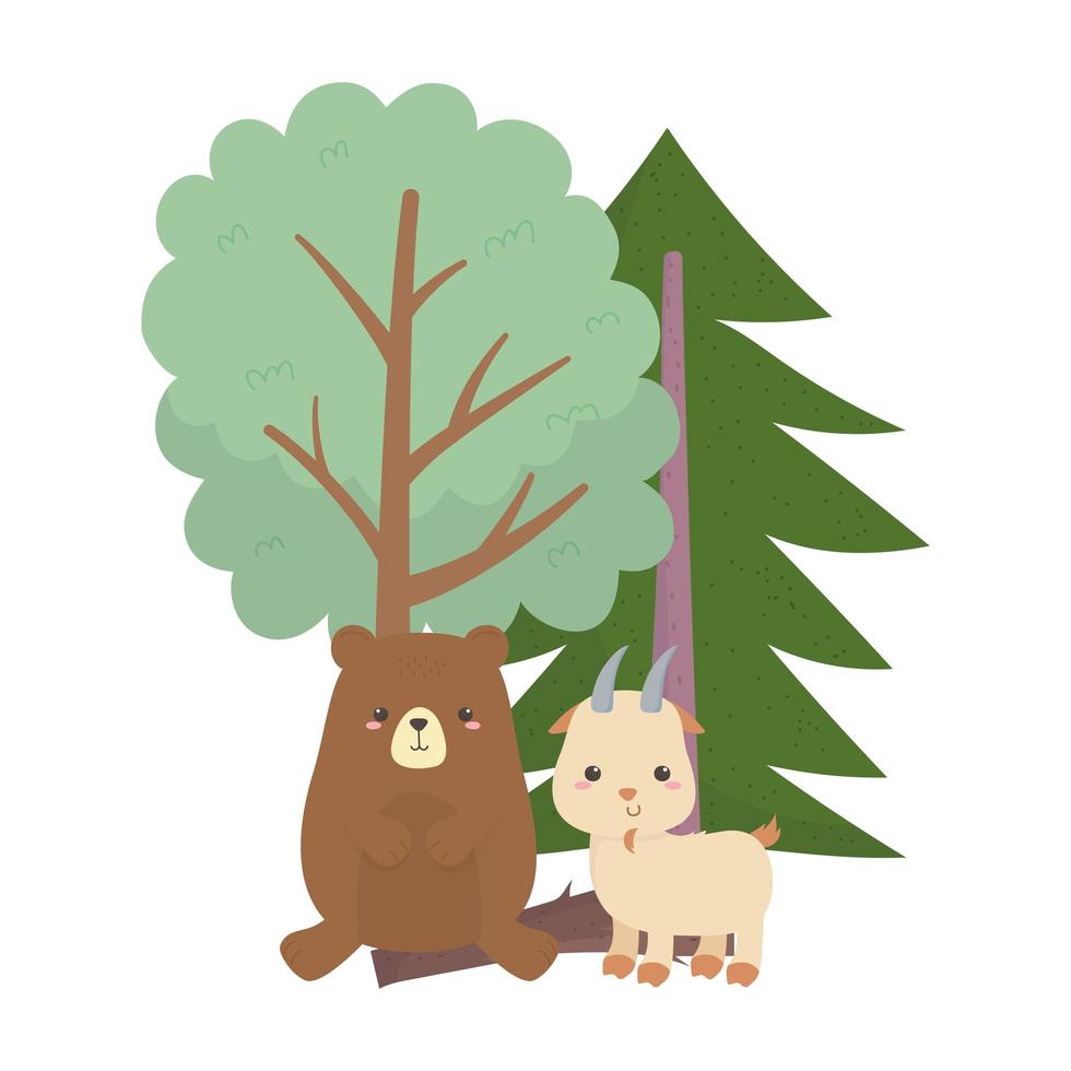 camping schattige beer en geit bomen bos cartoon vector