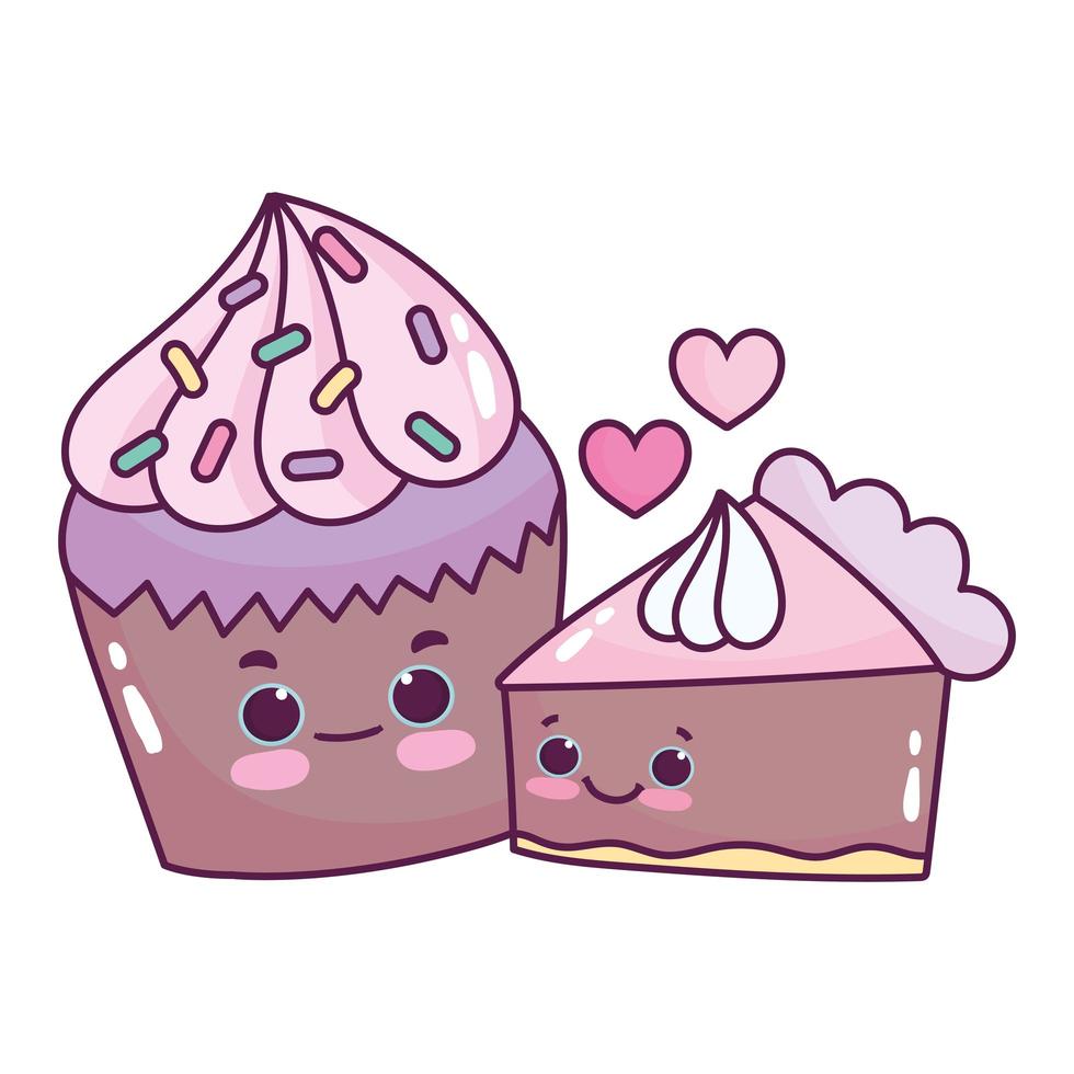schattig eten chocolade cupcake en cake liefde zoet dessert gebak cartoon geïsoleerde ontwerp vector