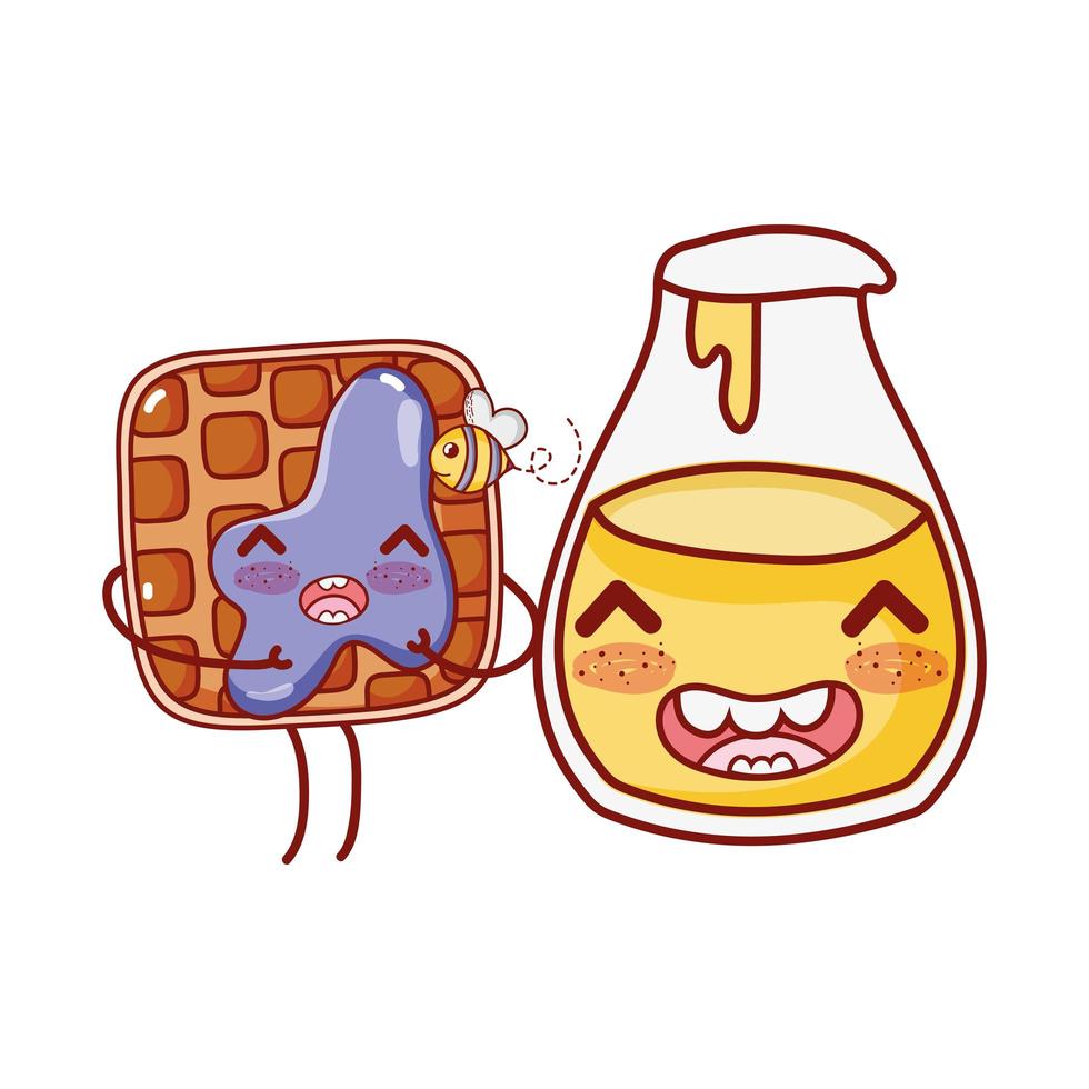 ontbijt schattige wafel met jam en honingfles cartoon vector