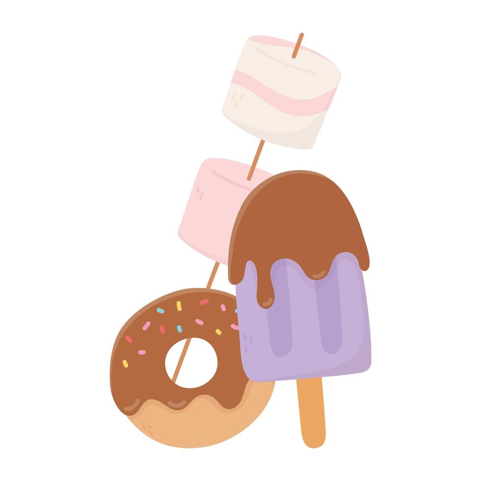 gelukkige dag, ijs in stokdoughnut en zoete marshmallow vector