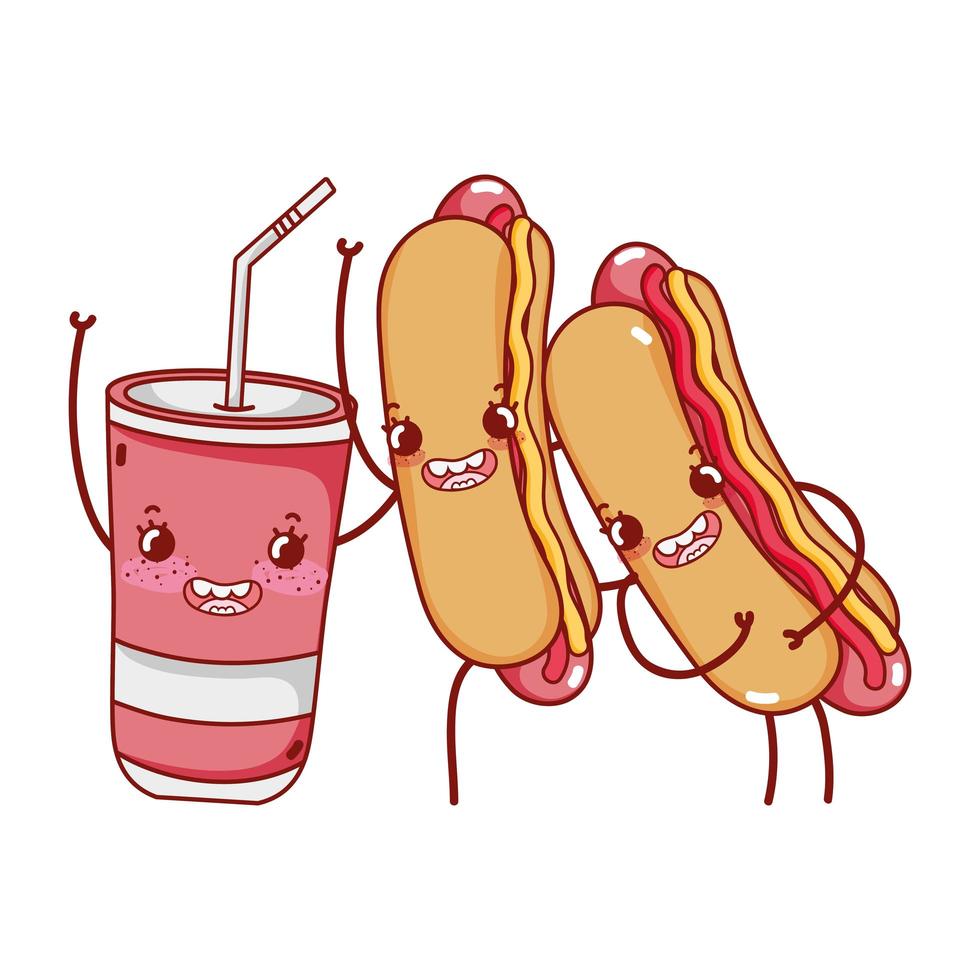 fastfood schattige hotdogs en plastic beker cartoon vector