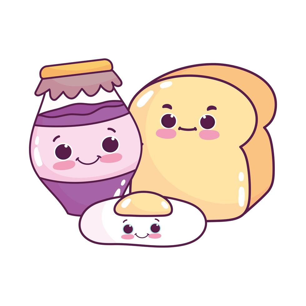 schattig eten gebakken ei brood en pot met jam zoet dessert gebak cartoon geïsoleerd ontwerp vector