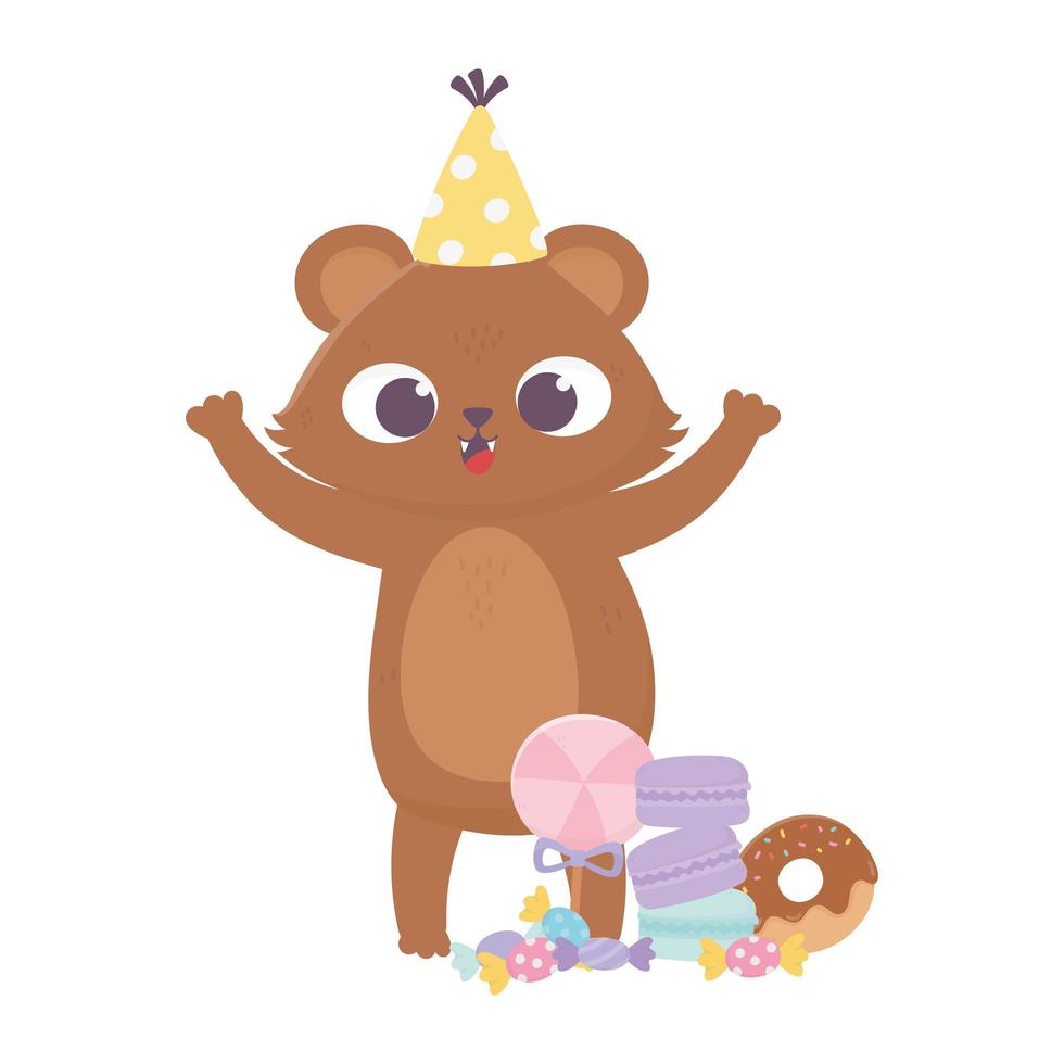 gelukkige dag, kleine beer met hoed, snoepjes, donutkoekjes en karamels vector