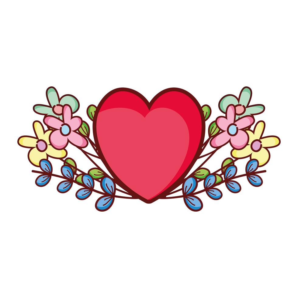 rood hart liefde bloemen gebladerte romantische cartoon vector