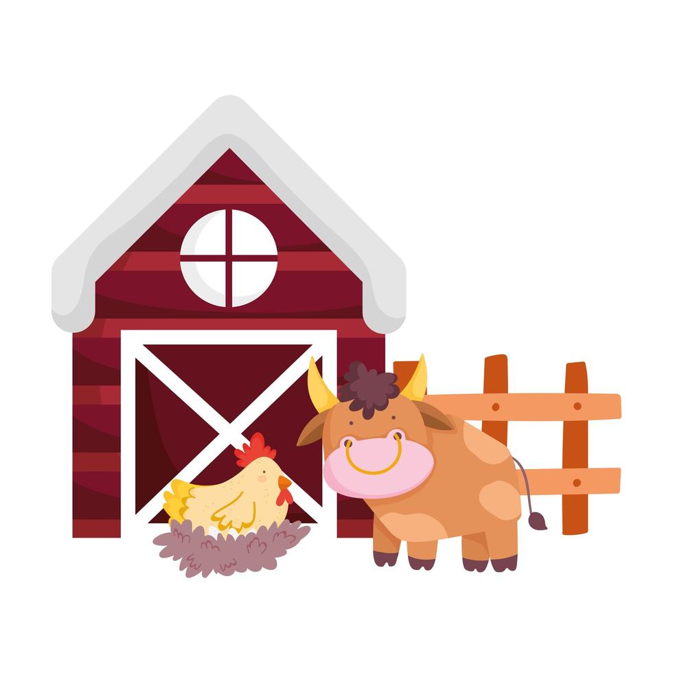boerderijdieren stier kip in nest houten hek schuur cartoon vector