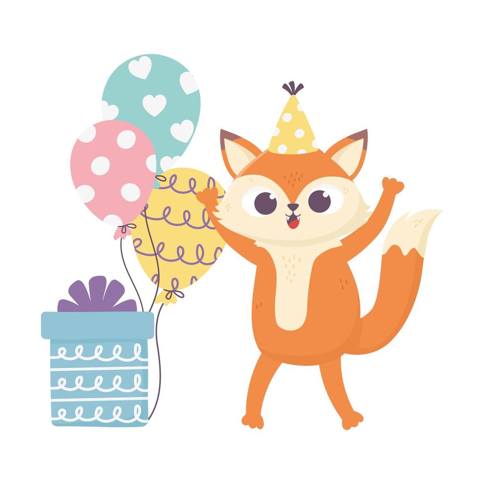 gelukkige dag, kleine vos met hoed geschenkdoos en ballonnen vector