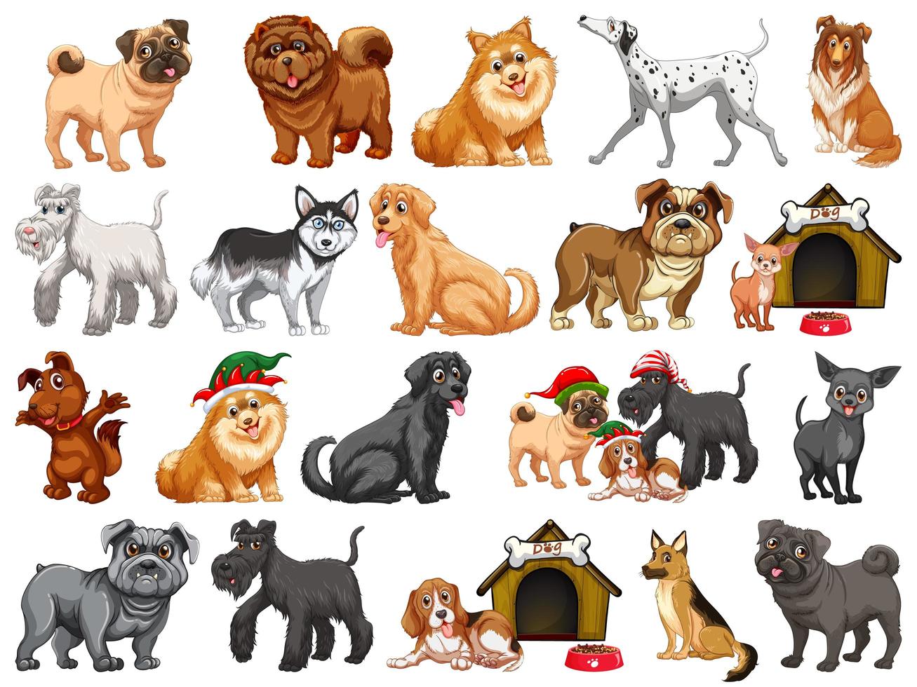 verschillende grappige honden in cartoon stijl geïsoleerd op een witte achtergrond vector