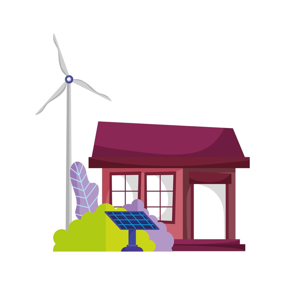 eco-vriendelijke huis zonnepaneel windmolen energie duurzame boom geïsoleerde pictogram vector