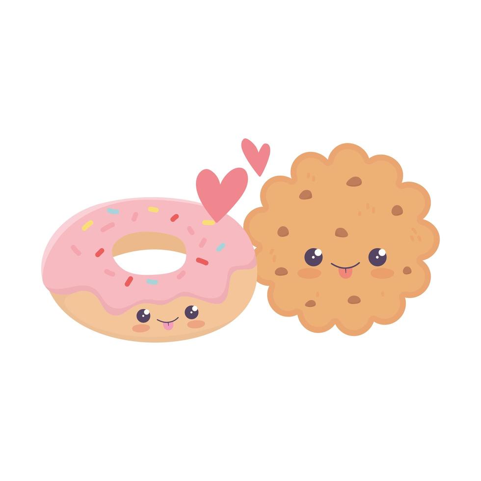 schattig koekje en donut liefde harten kawaii stripfiguur vector